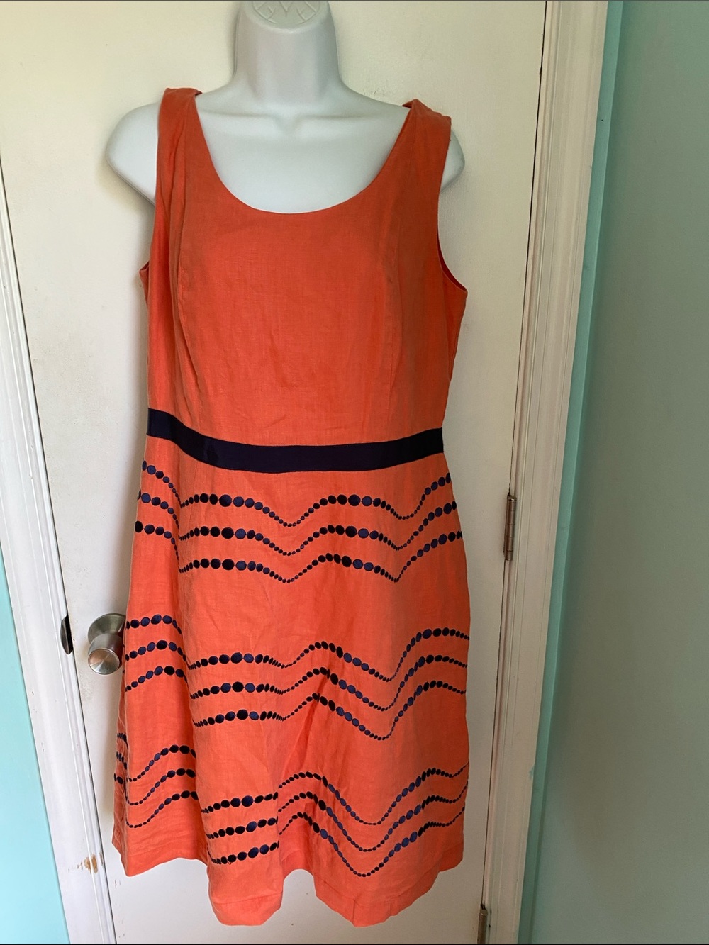 Boden Orange Sleeveless Midi Dress with Navy Dot Wave